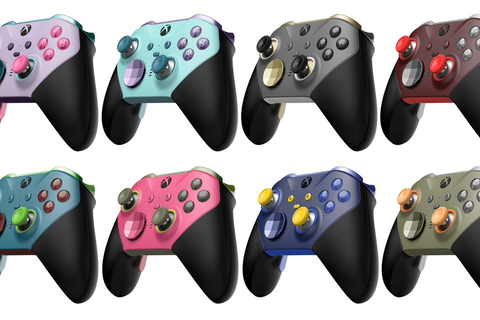 Two rows of colourful Xbox controllers with four controllers in each line