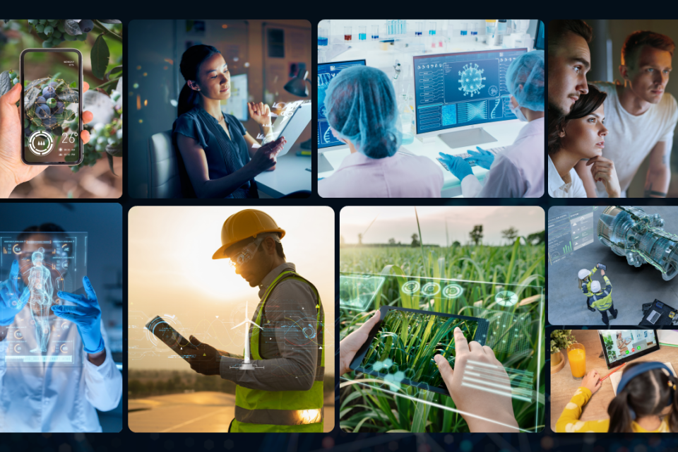 A collage of photos of different people using technology in different scenarios, including scientists in a lab using computers, a builder on a building site holding a tablet, and a botanist taking photos of plants.