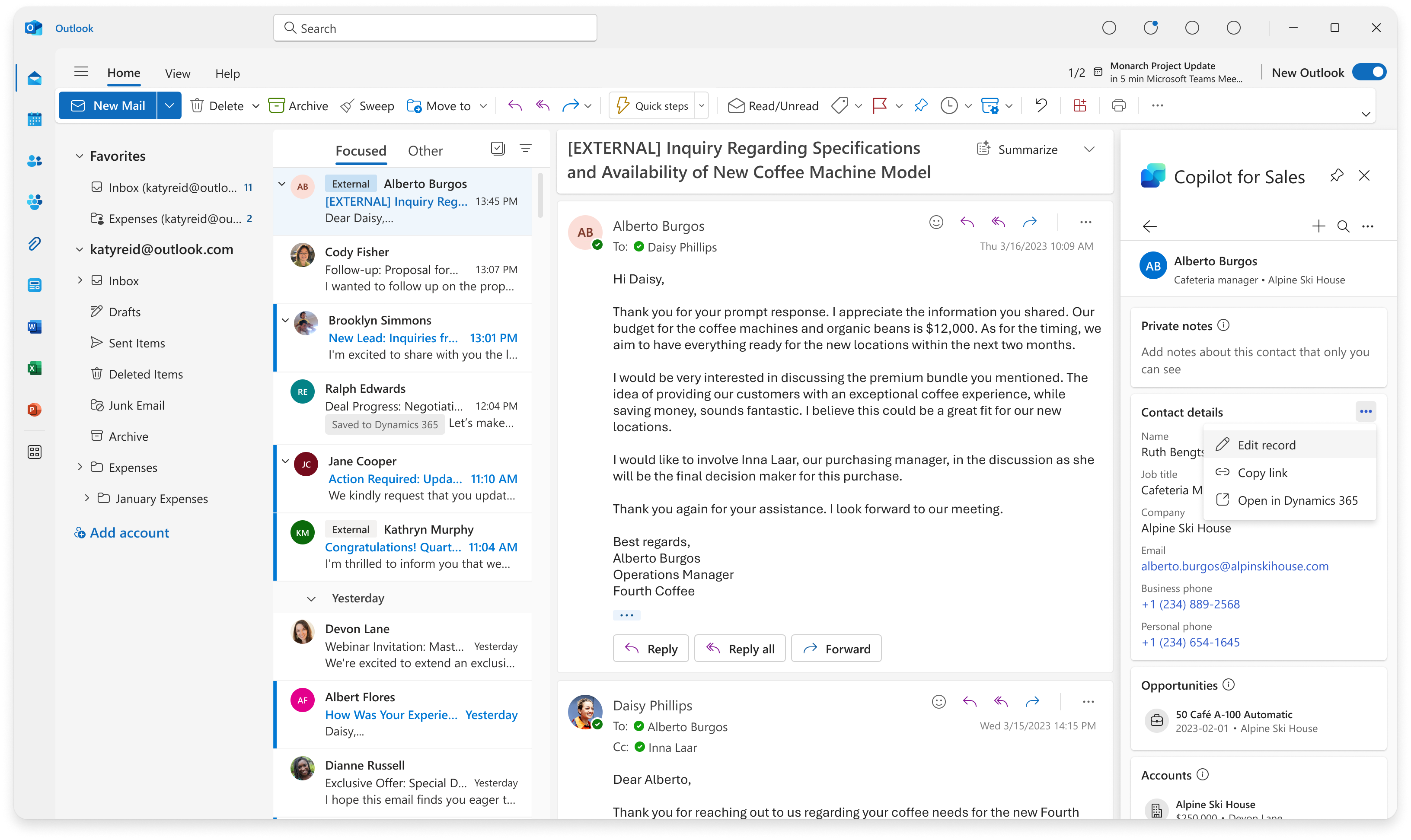 An e-mail opened in Microsoft Outlook with Copilot for Sales enabling the editing of contact record details, copying the link to the record, or opening in your CRM.