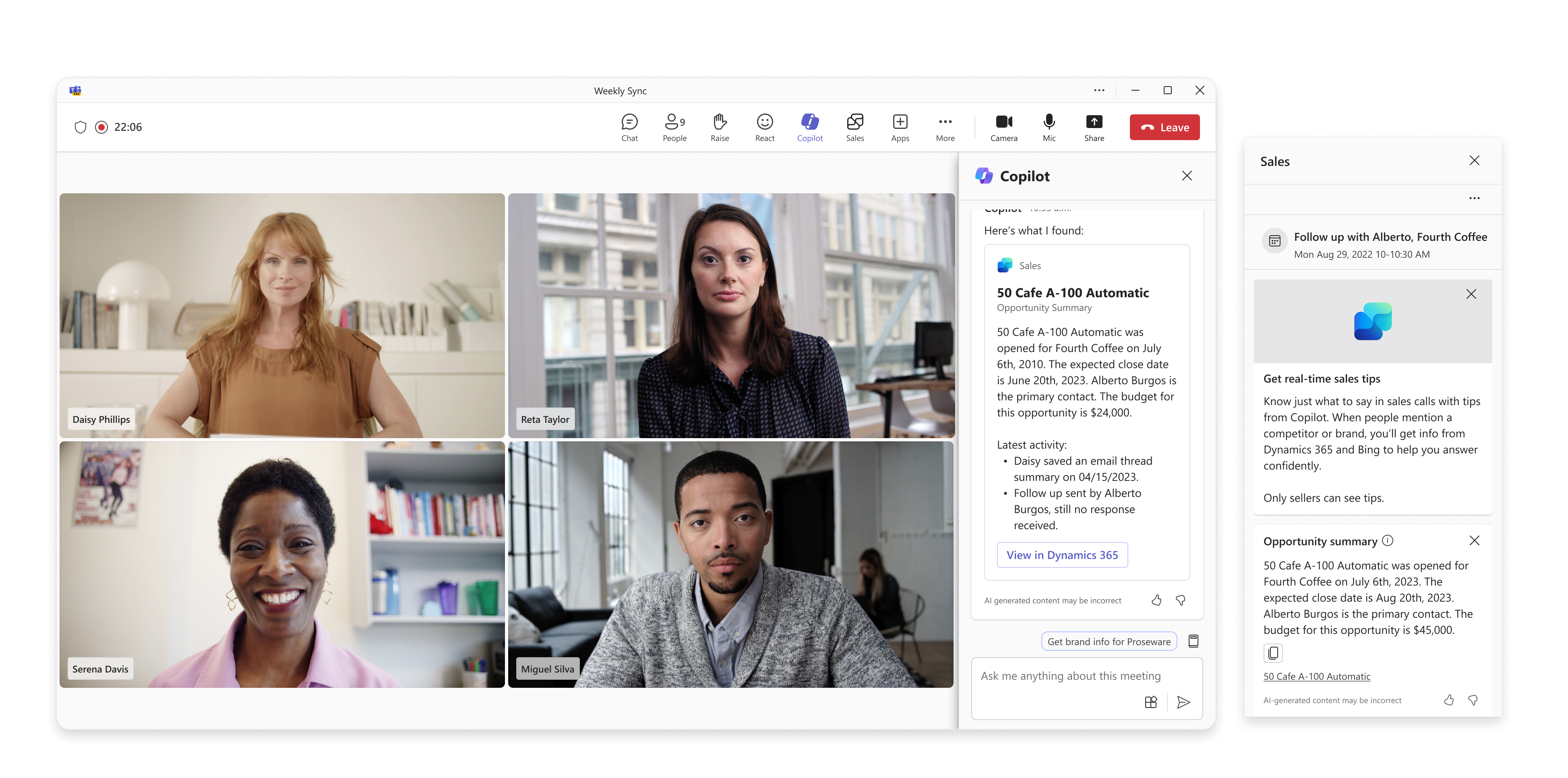 An active Microsoft Teams call with 4 people to discuss a sales opportunity. Copilot for Sales shows a summary of the opportunity and can surface tips like information about a competitor if mentioned on the call.
