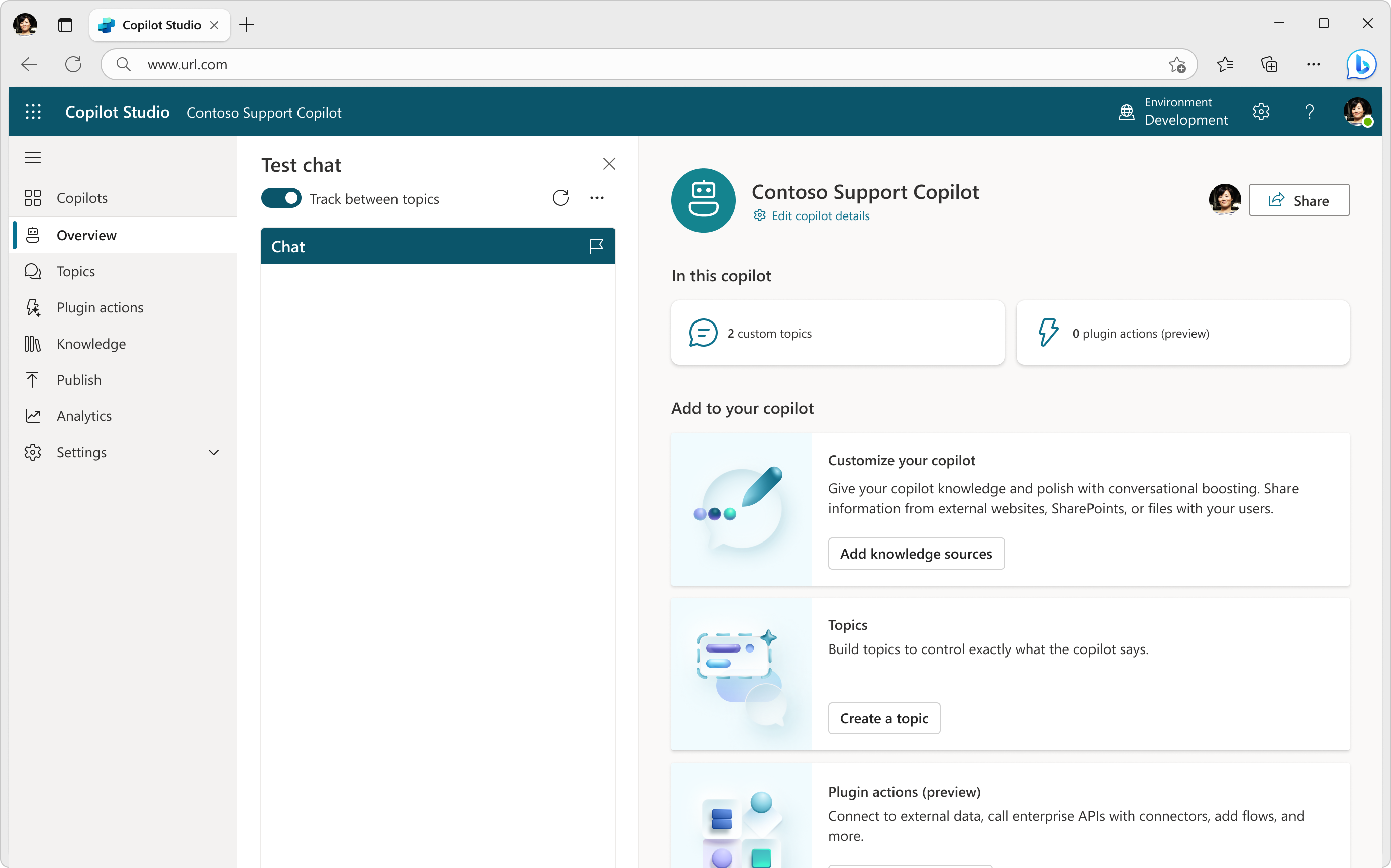A view of the Copilot Studio Overview page showcasing the configuration and test chat capabilities of a Contoso Support Copilot