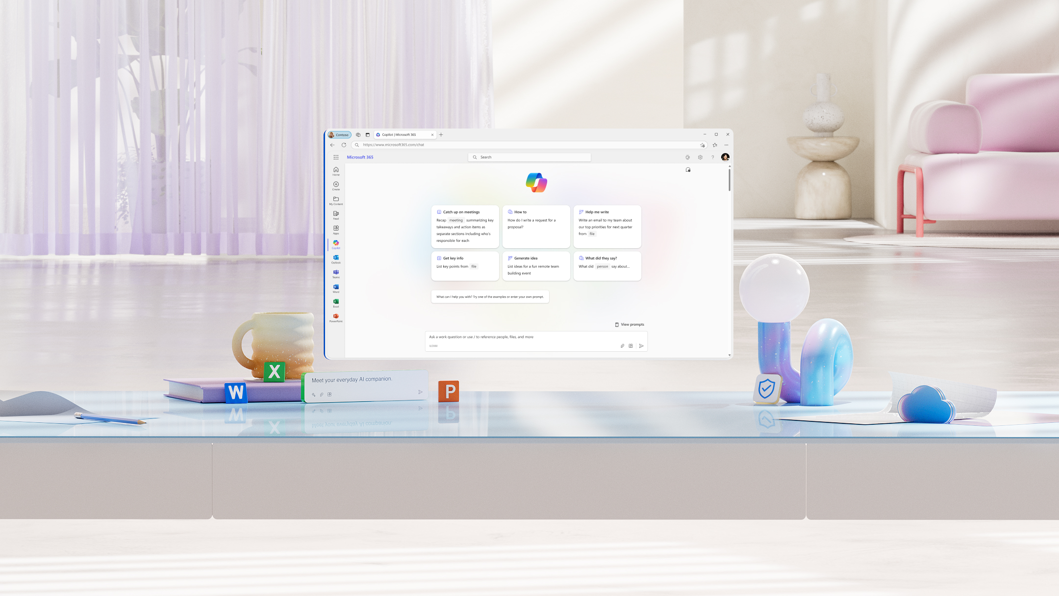 The Copilot for Microsoft 365 page showing recommended prompts. Copilot for Microsoft 365 enables users to enhance their creativity, productivity, and skills.