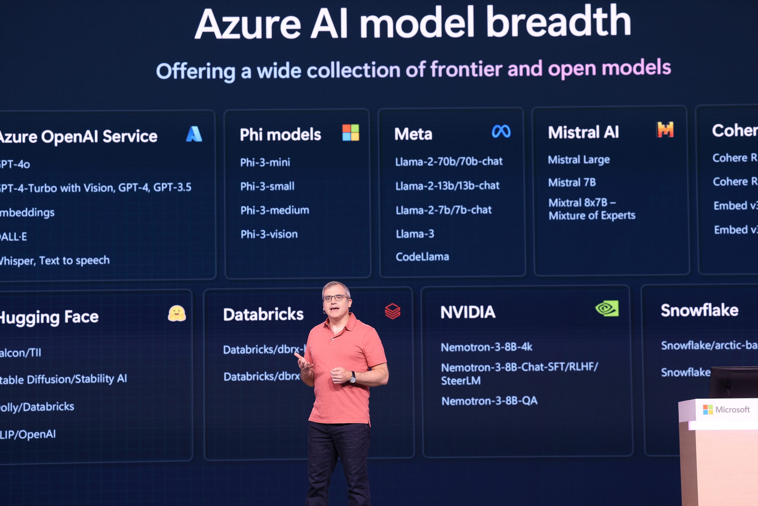 A man standing on stage speaking to an audience with text about Azure AI model breadth on a screen behind him