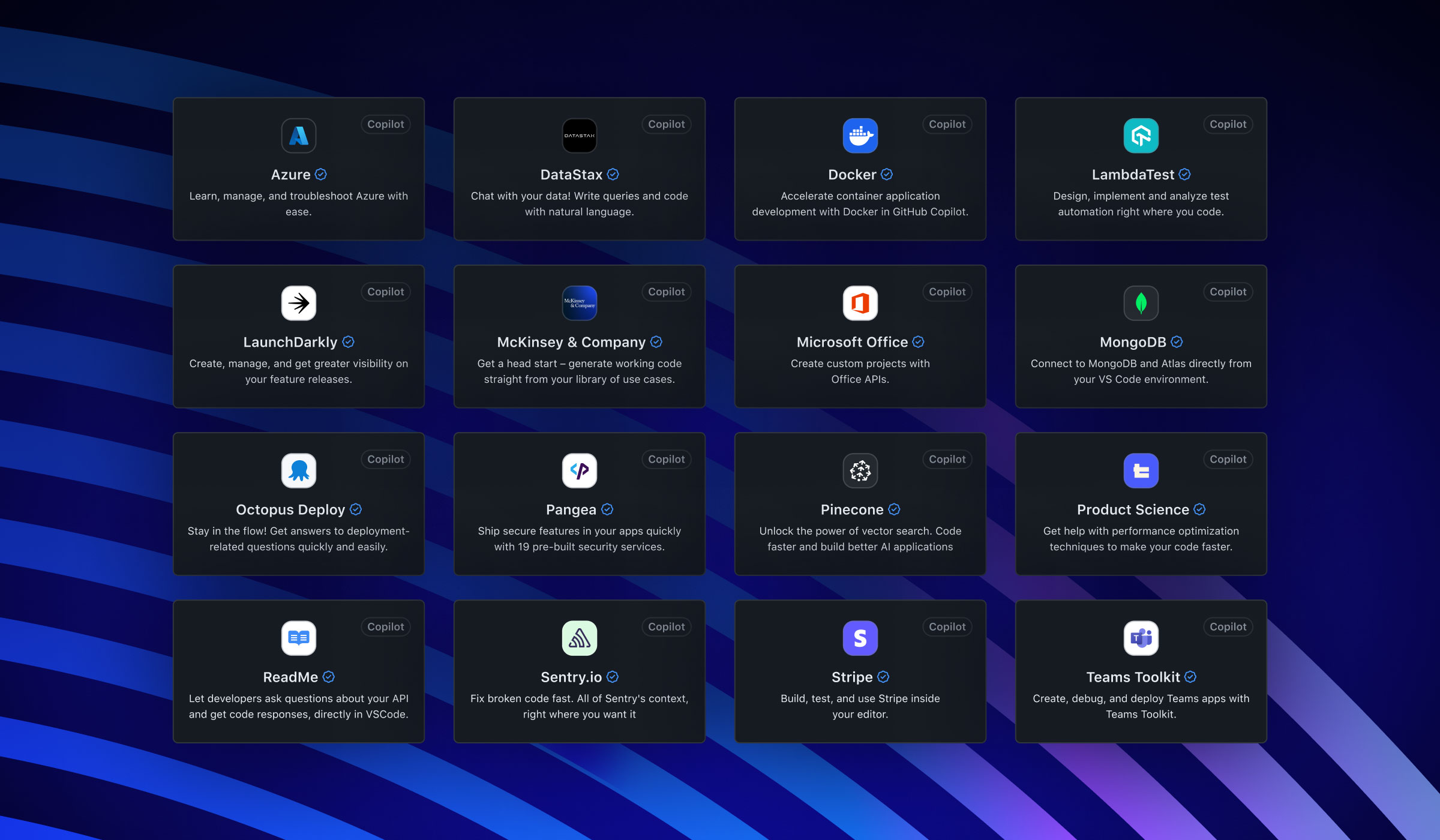 Sixteen GitHub Copilot Extensions from GitHub Copilot partners laid out as grid of tiles
