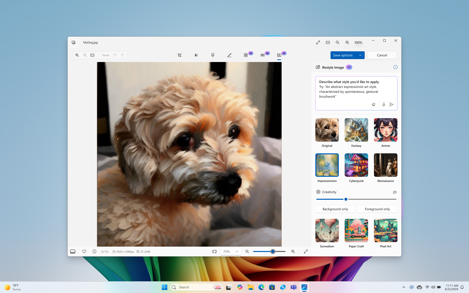 Windows home screen with the rainbow bloom image with the Photos app opened. Restyle Image is pulled up in the middle of the screen with a picture of a golden dog and a text box reading, 