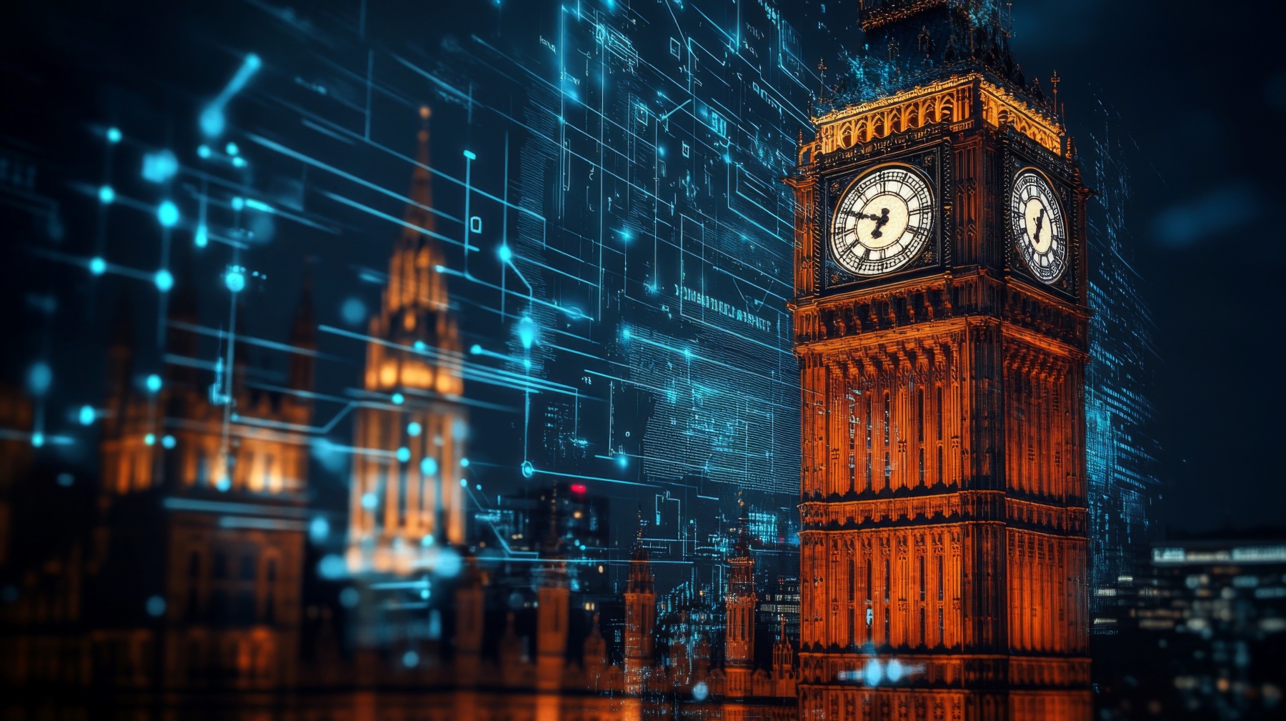 A visual of London's Big Ben on the right with a matrix like grid covering the background, depicting digitization