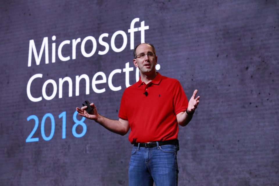 Scott Guthrie, executive vice president of Cloud & AI, on stage at Microsoft Connect(); 2018