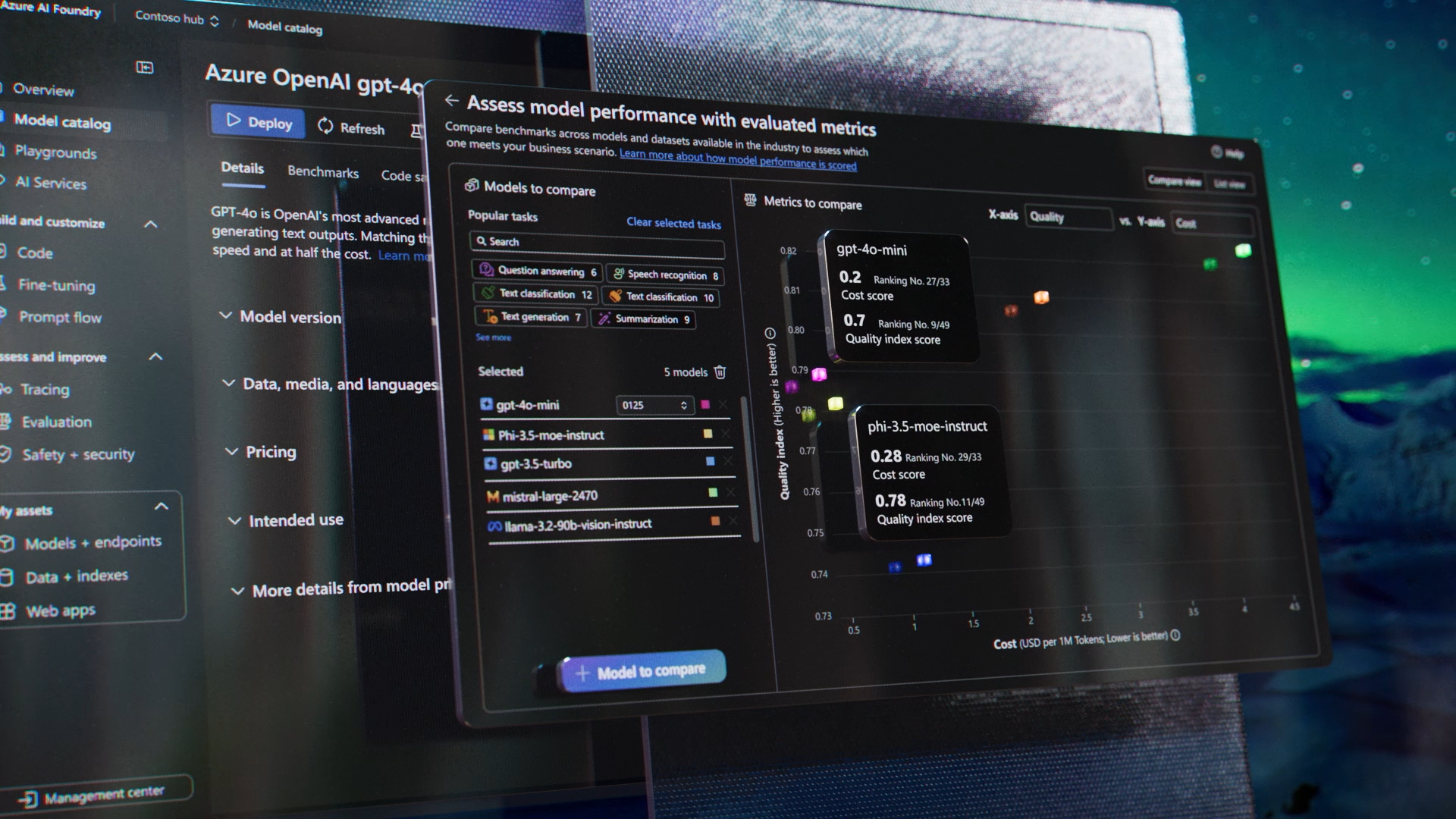 A stylized computer screen demonstrating the model selection & evaluation user interface.