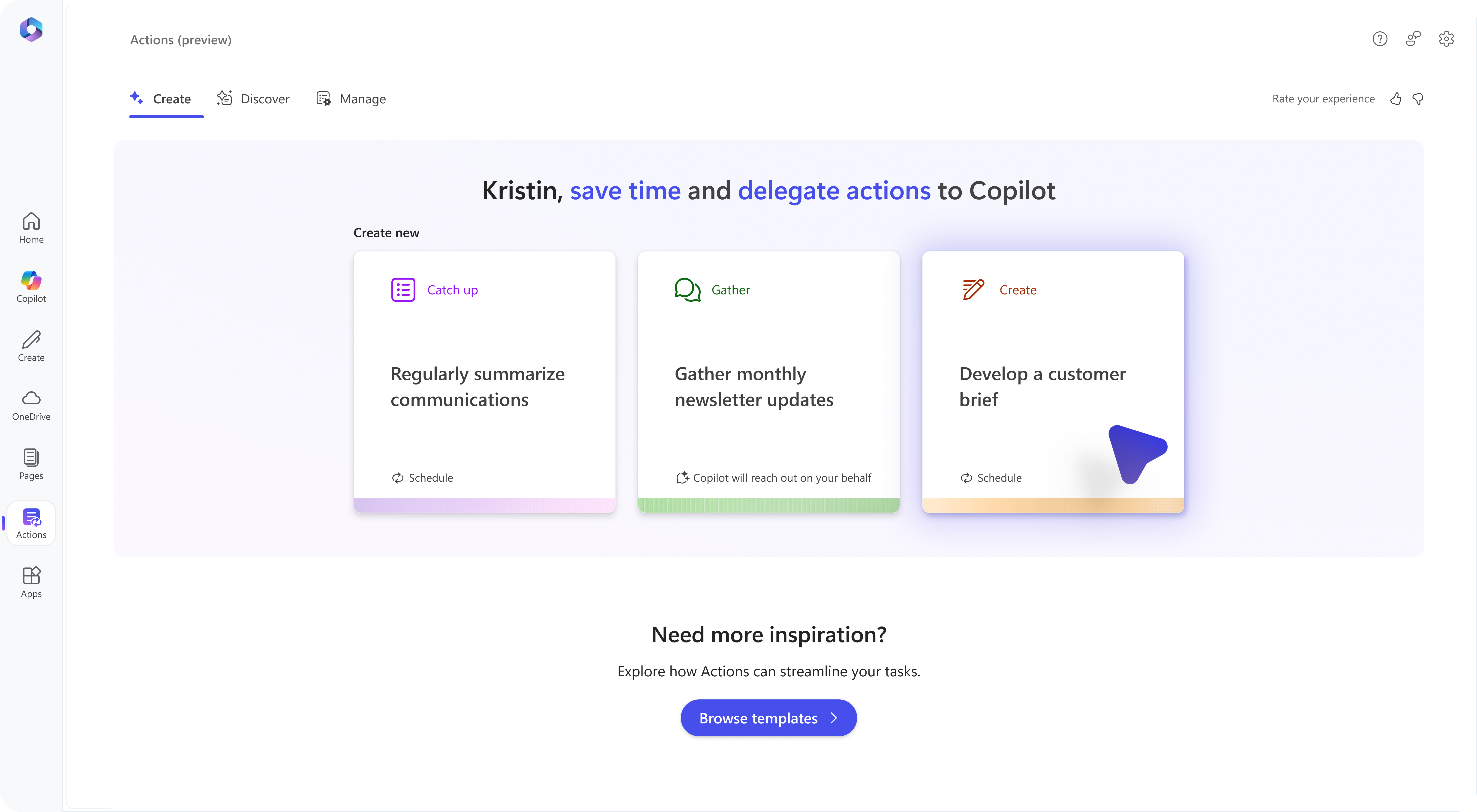 Image of Microsoft 365 Copilot Actions (preview)' with action cards for summarizing communications, delegating tasks, and creating documents. The interface includes options to schedule actions, explore templates.