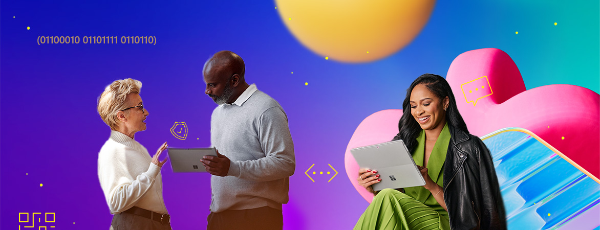 A group of people working with laptops and tablets with a colorful background