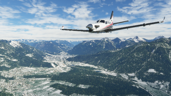 透過模擬飛行，玩家可以飛越晴朗的阿爾卑斯山，飽覽美景
