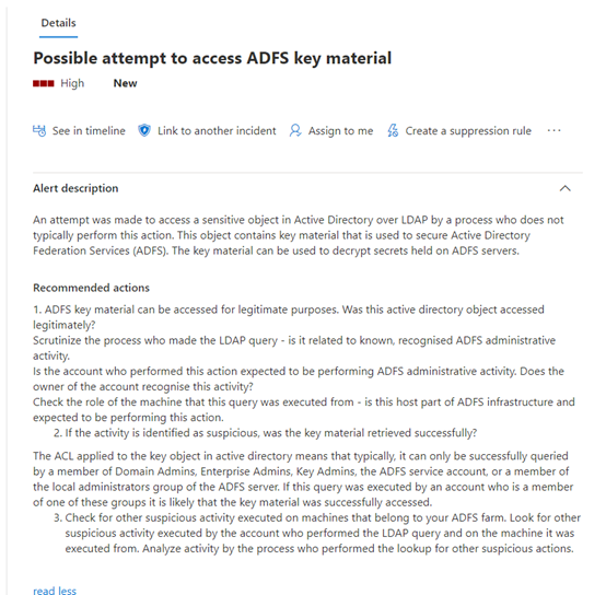 圖11：Microsoft Defender for Endpoint警報說明與回應嘗試存取ADFS金鑰工具的建議動作
