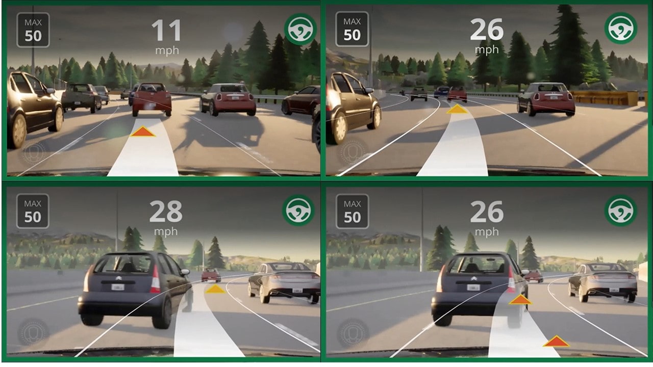 【新聞圖片二】駕駛視角模擬能顯示出行徑的時速、道路限速、車道線偵測、前車偵測與規劃出的行車路徑。