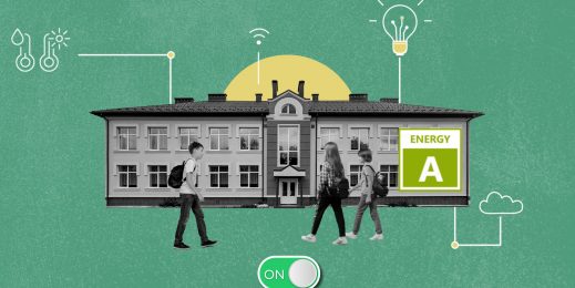 Children approach a school building. A symbol of a switch at bottom center goes from off to on. A grade for energy in lower right corner goes from D to A as symbols of light and energy appear above the school, showing the Vertuoz Control system is working.