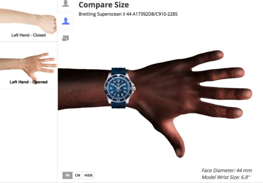 A screenshot of Tangiblee showing a watch on a wrist at the Govberg Jewelers website. The image shows a hand with dark skin.