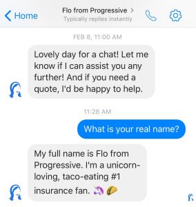 A screenshot of the Flo chat bot revealing her full name, 'Flo from Progressive'