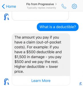 A screenshot of the Flo chatbot answering a customer question about liability. 